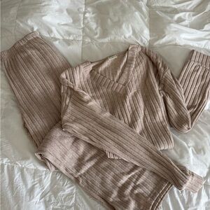 Ribbed V‑Neck Knit Loungewear Set in Beige